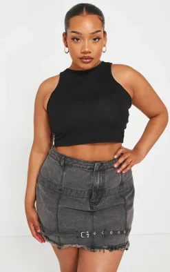 Plus Washed Grey Contrast Waistband Denim Skirt
