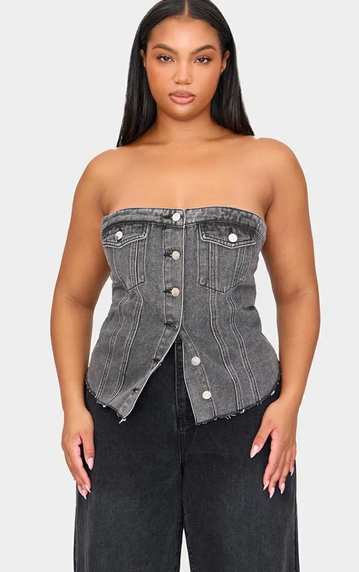 PrettyLittleThing Sleeveless Tops*Plus Contrast Seam Detail Pocket Front Corset Bandeau Denim Top