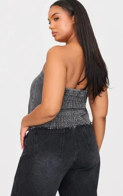 PrettyLittleThing Sleeveless Tops*Plus Contrast Seam Detail Pocket Front Corset Bandeau Denim Top