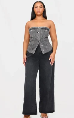 PrettyLittleThing Sleeveless Tops*Plus Contrast Seam Detail Pocket Front Corset Bandeau Denim Top