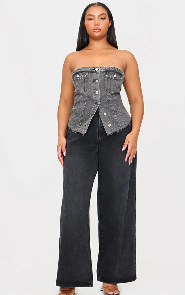 PrettyLittleThing Sleeveless Tops*Plus Contrast Seam Detail Pocket Front Corset Bandeau Denim Top