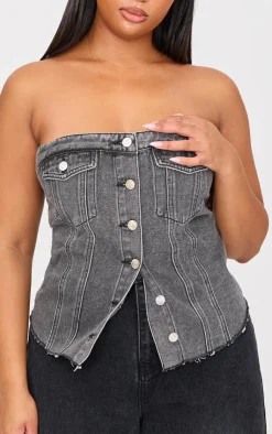 PrettyLittleThing Sleeveless Tops*Plus Contrast Seam Detail Pocket Front Corset Bandeau Denim Top