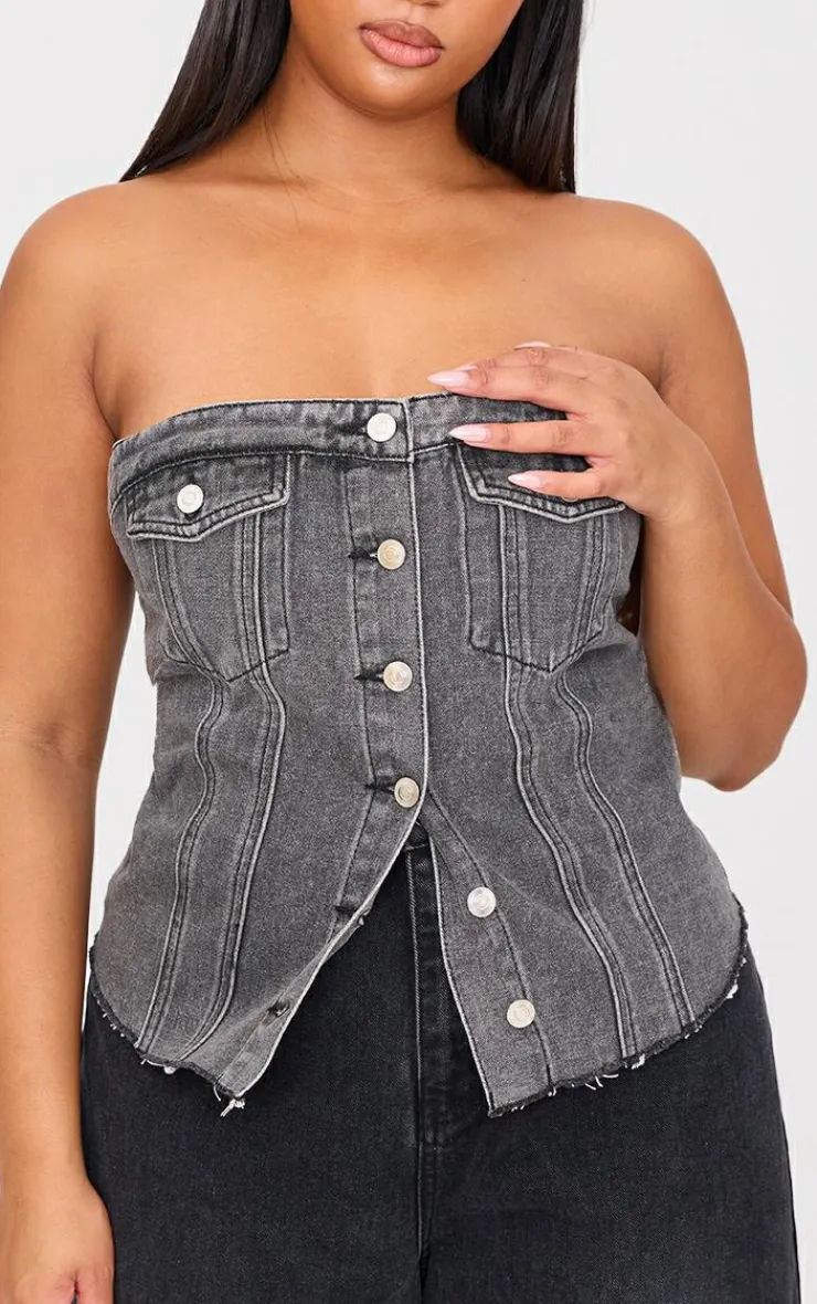 PrettyLittleThing Sleeveless Tops*Plus Contrast Seam Detail Pocket Front Corset Bandeau Denim Top