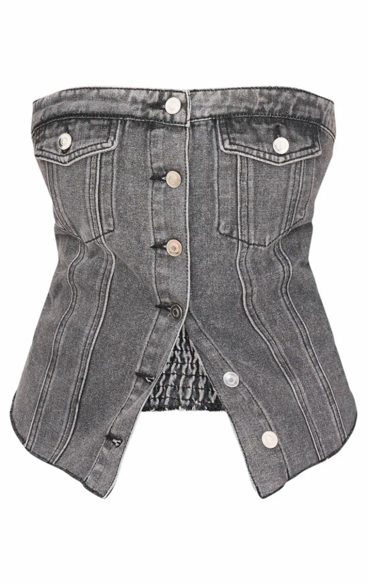 PrettyLittleThing Sleeveless Tops*Plus Contrast Seam Detail Pocket Front Corset Bandeau Denim Top