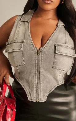 Plus Washed Grey Denim Zip Up Top