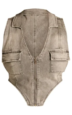 Plus Washed Grey Denim Zip Up Top
