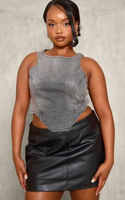 Plus Washed Grey Dipped Front Denim Crop Top