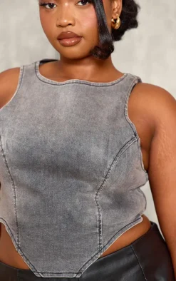 Plus Washed Grey Dipped Front Denim Crop Top