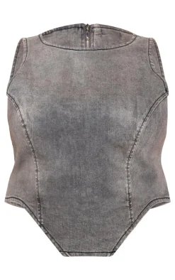 Plus Washed Grey Dipped Front Denim Crop Top