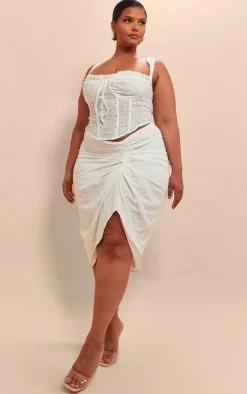New PrettyLittleThing Plus Broiderie Split Led Midi Skirt White