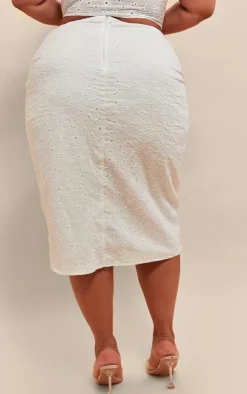 New PrettyLittleThing Plus Broiderie Split Led Midi Skirt White