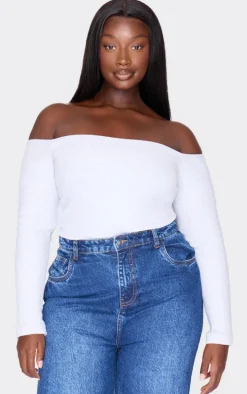 Plus White Brushed Rib Bardot Long Sleeve Bodysuit