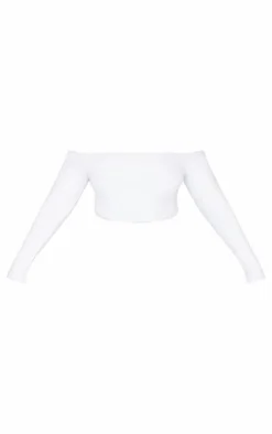 Plus White Brushed Rib Bardot Long Sleeve Bodysuit