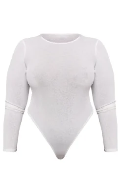 Plus White Burn Out Mesh Long Sleeve Crew Neck Bodysuit