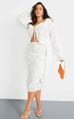 Clearance PrettyLittleThing Plus Devore Drape Ruched Midi Skirt White