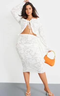 Clearance PrettyLittleThing Plus Devore Drape Ruched Midi Skirt White