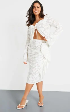 Sale PrettyLittleThing Plus Devore Frilled Tie Crop Top White