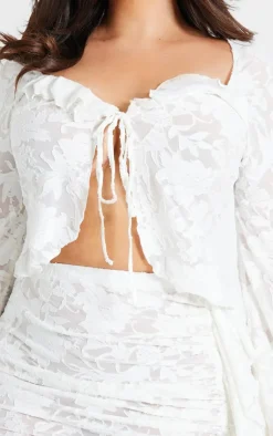 Sale PrettyLittleThing Plus Devore Frilled Tie Crop Top White