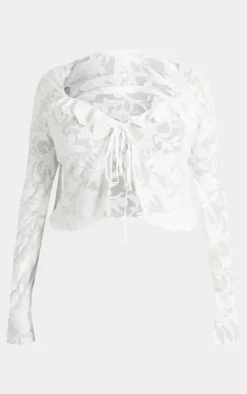 Sale PrettyLittleThing Plus Devore Frilled Tie Crop Top White