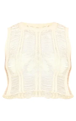 Hot PrettyLittleThing Plus Distressed Knit Crew Neck Top White