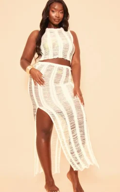 Hot PrettyLittleThing Plus Distressed Knitted Midaxi Skirt White