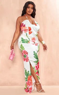 Hot PrettyLittleThing Plus Floral Printed Maxi Skirt White