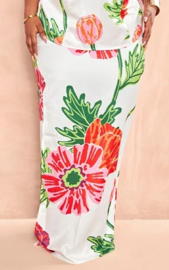 Hot PrettyLittleThing Plus Floral Printed Maxi Skirt White