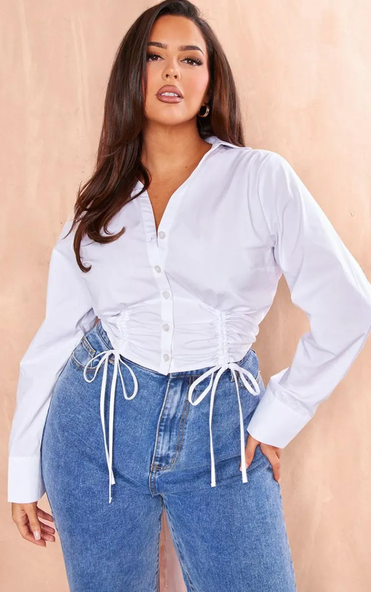PrettyLittleThing Shirts*Plus Gathered Tie Detail Long Sleeve Cropped Shirt