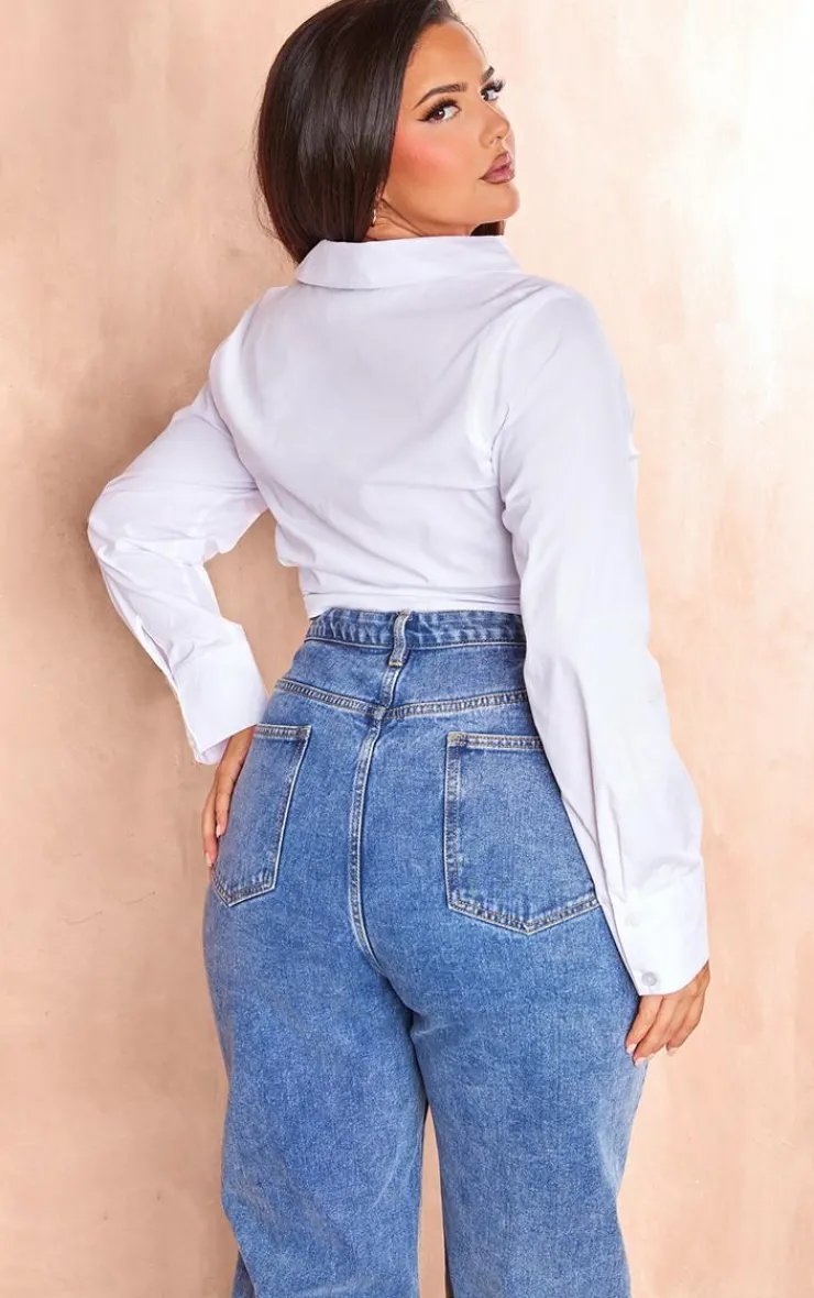 PrettyLittleThing Shirts*Plus Gathered Tie Detail Long Sleeve Cropped Shirt