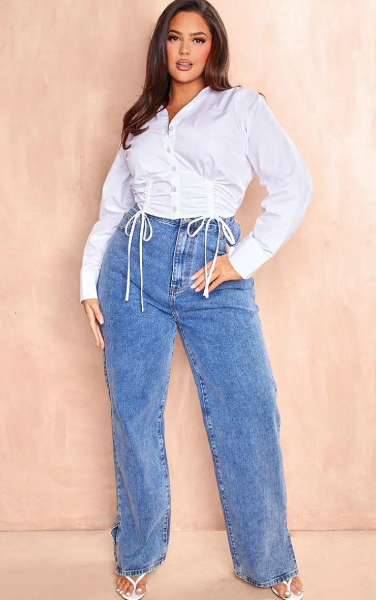 PrettyLittleThing Shirts*Plus Gathered Tie Detail Long Sleeve Cropped Shirt