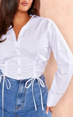 PrettyLittleThing Shirts*Plus Gathered Tie Detail Long Sleeve Cropped Shirt