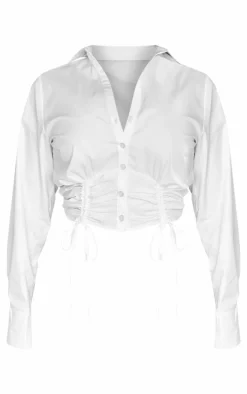 PrettyLittleThing Shirts*Plus Gathered Tie Detail Long Sleeve Cropped Shirt