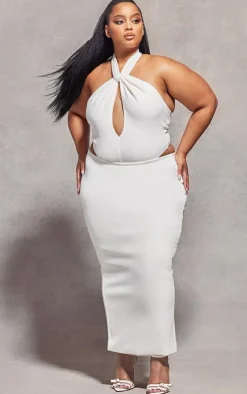 Online PrettyLittleThing Plus Knot Detail Halterneck Bodysuit White