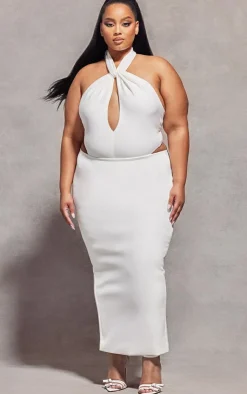 Online PrettyLittleThing Plus Knot Detail Halterneck Bodysuit White