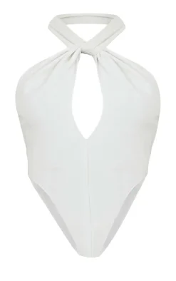 Online PrettyLittleThing Plus Knot Detail Halterneck Bodysuit White