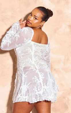 Plus White Lace Binding Detail Flare Sleeve Romper