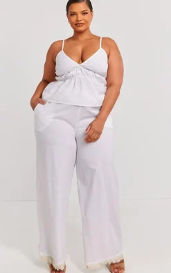 Hot PrettyLittleThing Plus Linen Look Frayed Hem Wide Leg Pants White