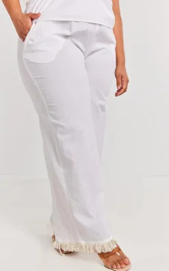 Hot PrettyLittleThing Plus Linen Look Frayed Hem Wide Leg Pants White