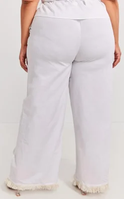 Hot PrettyLittleThing Plus Linen Look Frayed Hem Wide Leg Pants White