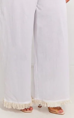 Hot PrettyLittleThing Plus Linen Look Frayed Hem Wide Leg Pants White