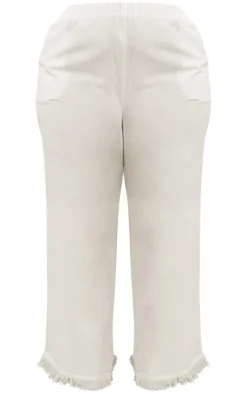 Hot PrettyLittleThing Plus Linen Look Frayed Hem Wide Leg Pants White