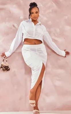 Best PrettyLittleThing Plus Linen Look Split Front Midi Skirt White