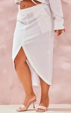 Best PrettyLittleThing Plus Linen Look Split Front Midi Skirt White