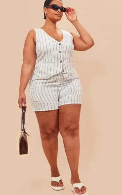 Hot PrettyLittleThing Plus Linen Look Striped Tailored Floaty Shorts White