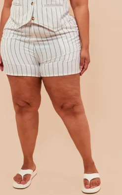Hot PrettyLittleThing Plus Linen Look Striped Tailored Floaty Shorts White