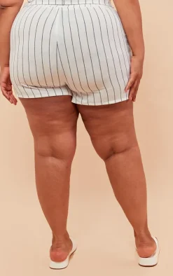 Hot PrettyLittleThing Plus Linen Look Striped Tailored Floaty Shorts White