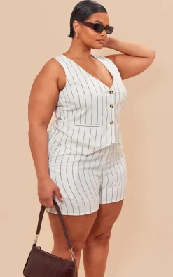Hot PrettyLittleThing Plus Linen Look Striped Tailored Floaty Shorts White