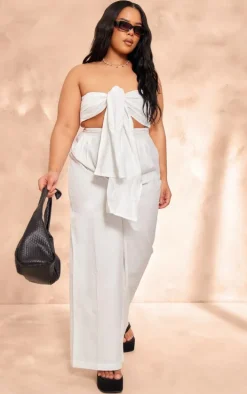 Plus White Linen Look Tie Front Crop Top