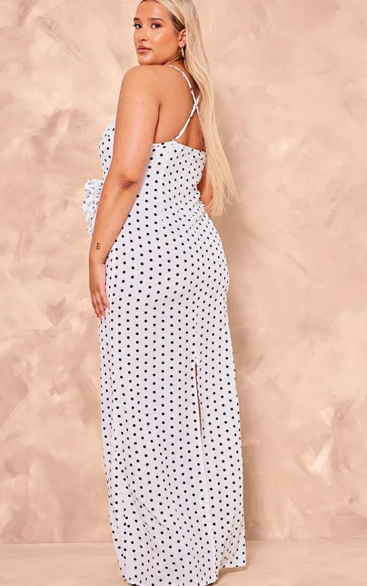 Plus Polka Dot Satin Rose Detail Maxi Dress-PrettyLittleThing