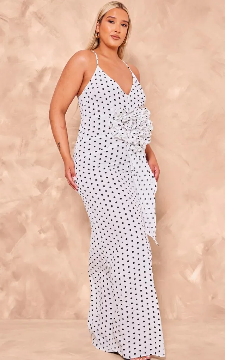 Plus Polka Dot Satin Rose Detail Maxi Dress-PrettyLittleThing